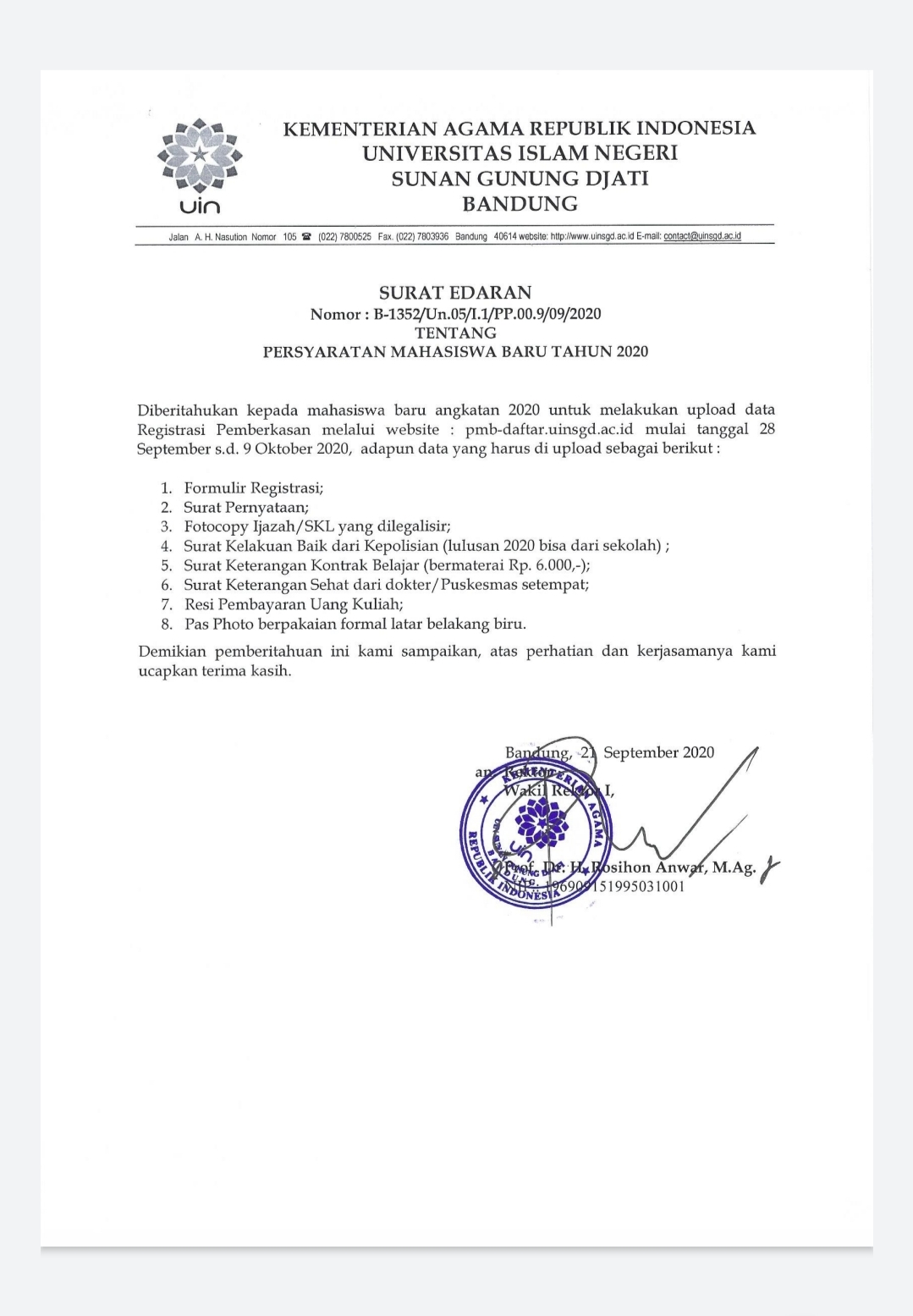 Edaran Persyaratan Mahasiswa Baru Uin Sgd Bandung